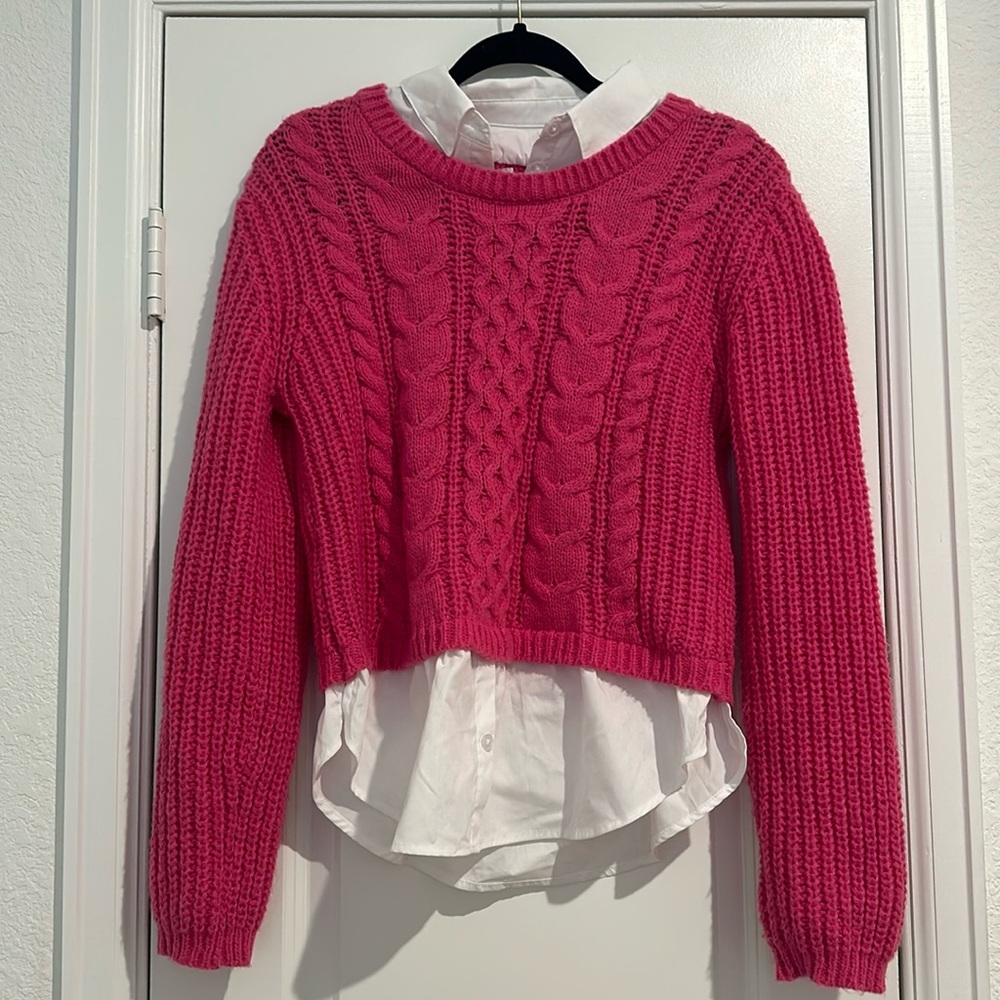pink sweater with a white button up under!